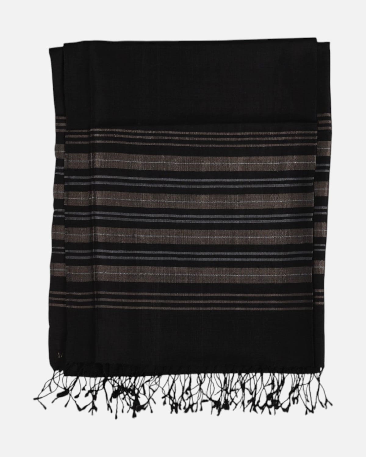 Black Pure Silk Shawl with Taupe Border Stripes
