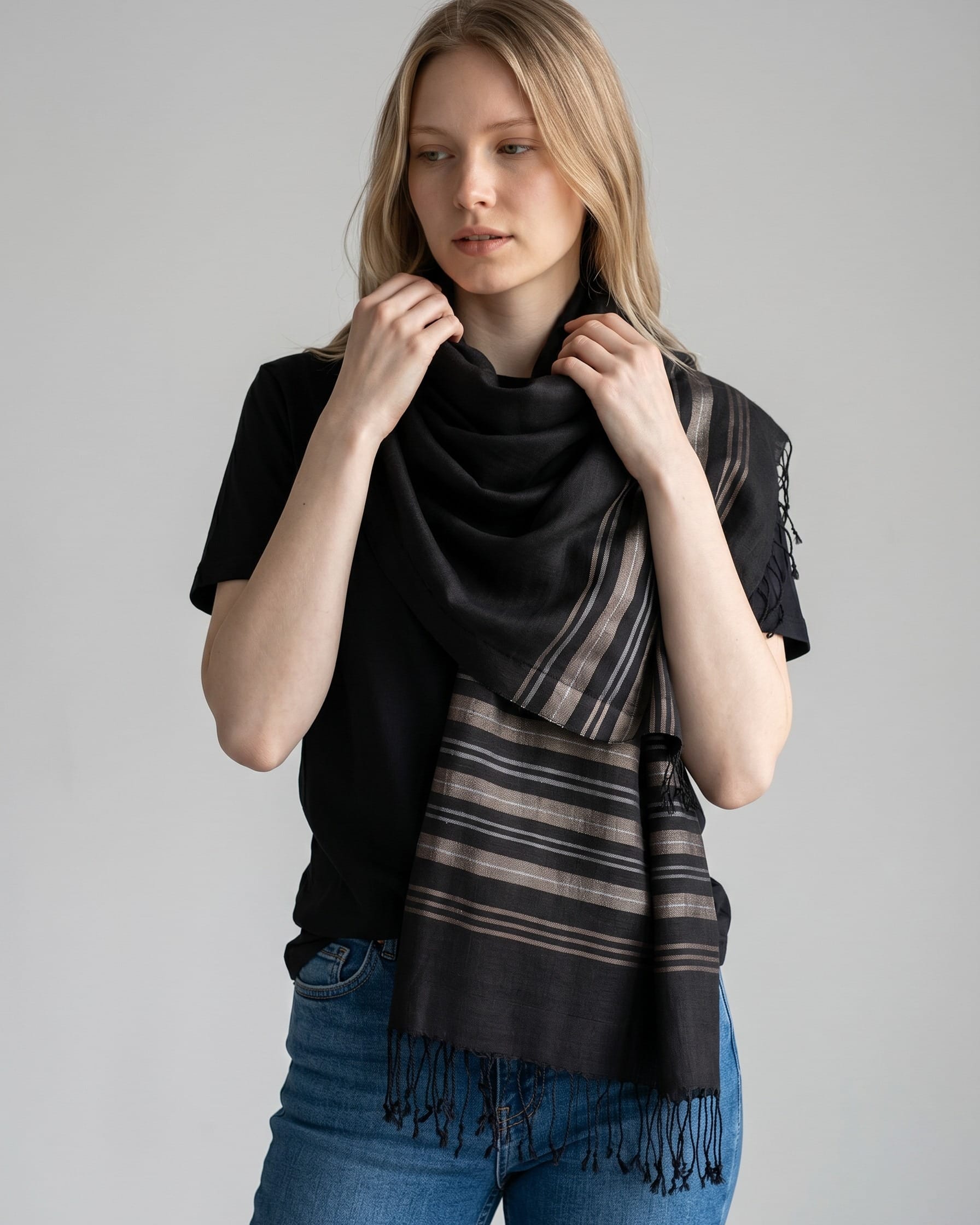 Black Pure Silk Shawl with Taupe Border Stripes