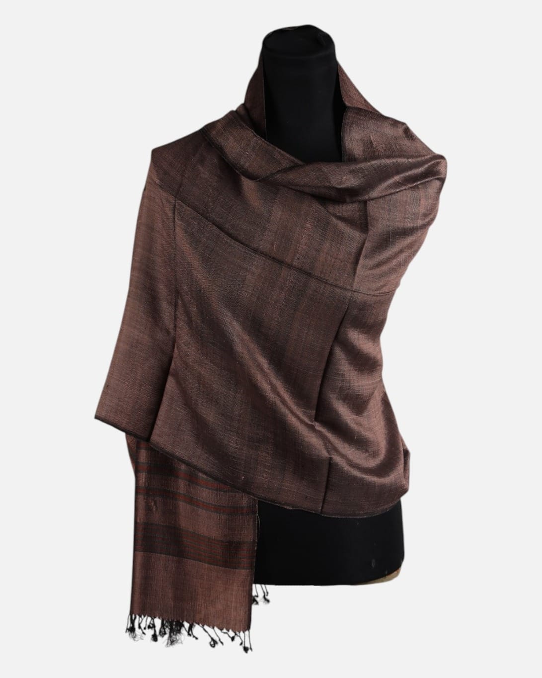 Chestnut Brown Pure Silk Shawl with Dark Red Stripes