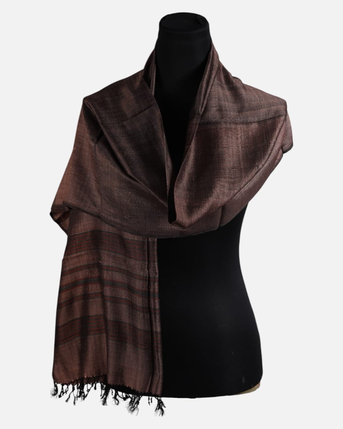 Chestnut Brown Pure Silk Shawl with Dark Red Stripes