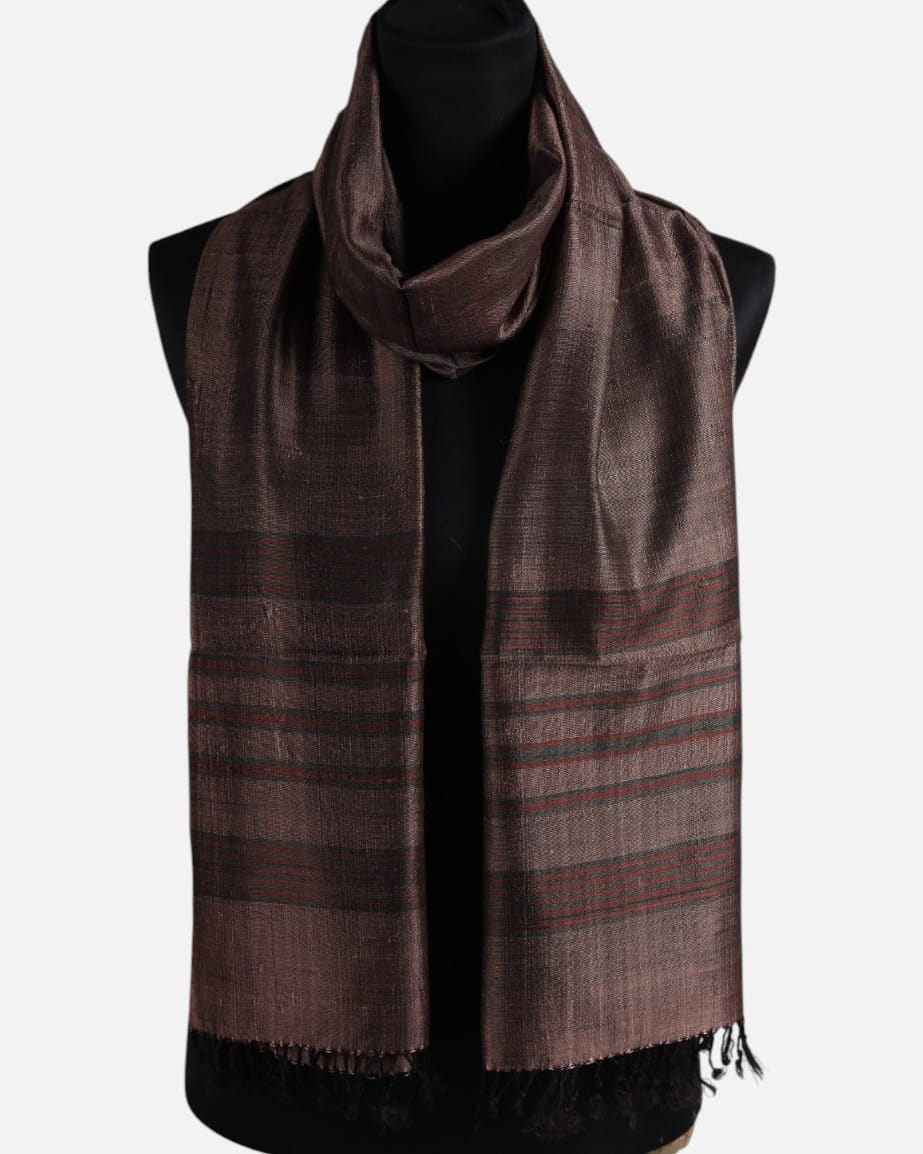 Chestnut Brown Pure Silk Shawl with Dark Red Stripes