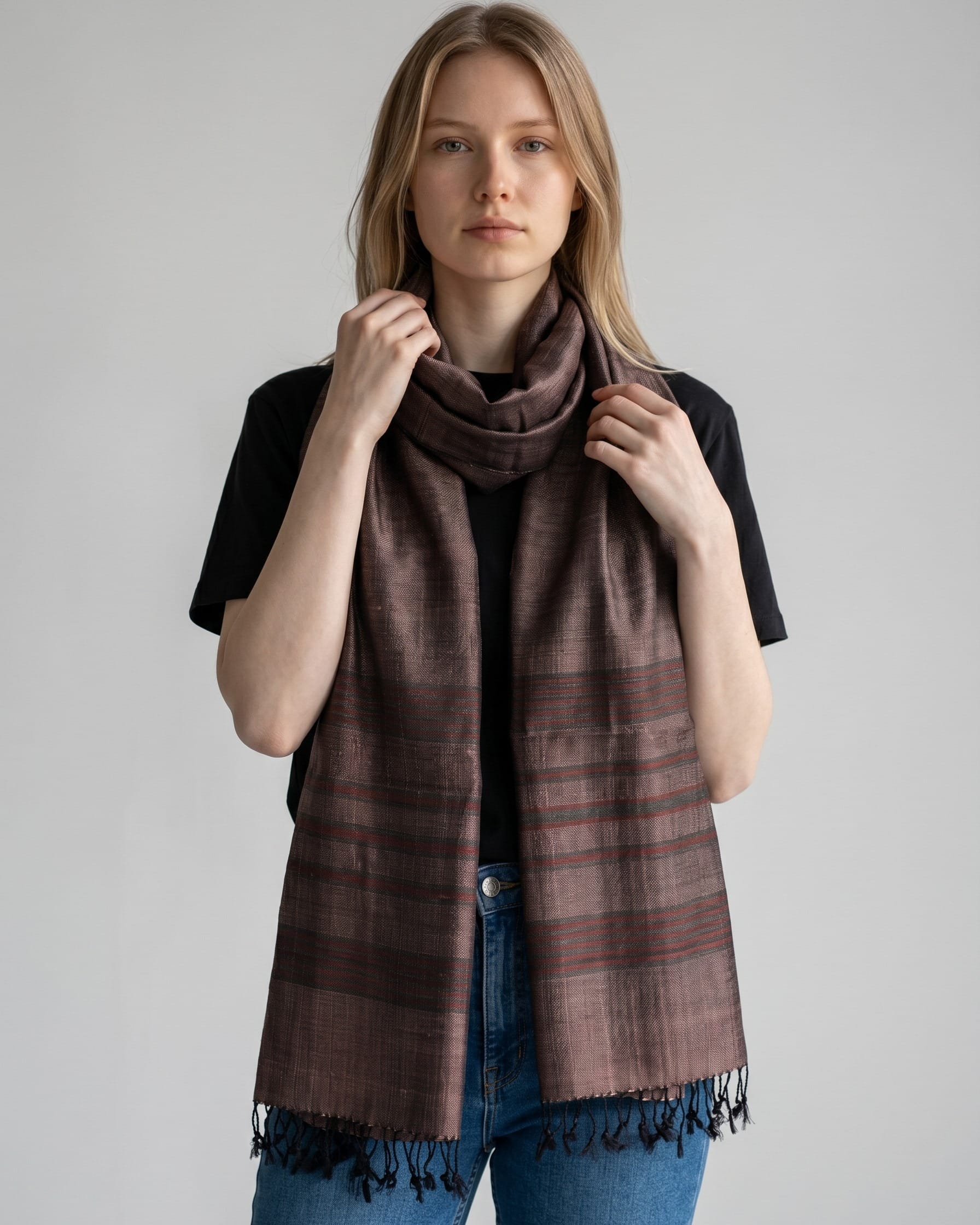 Chestnut Brown Pure Silk Shawl with Dark Red Stripes