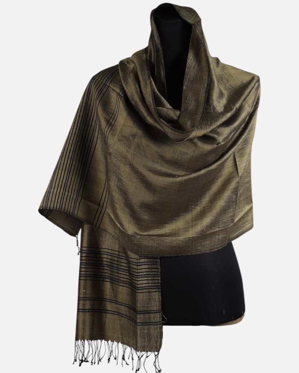 Olive Pure Silk Shawl with Black Stripes