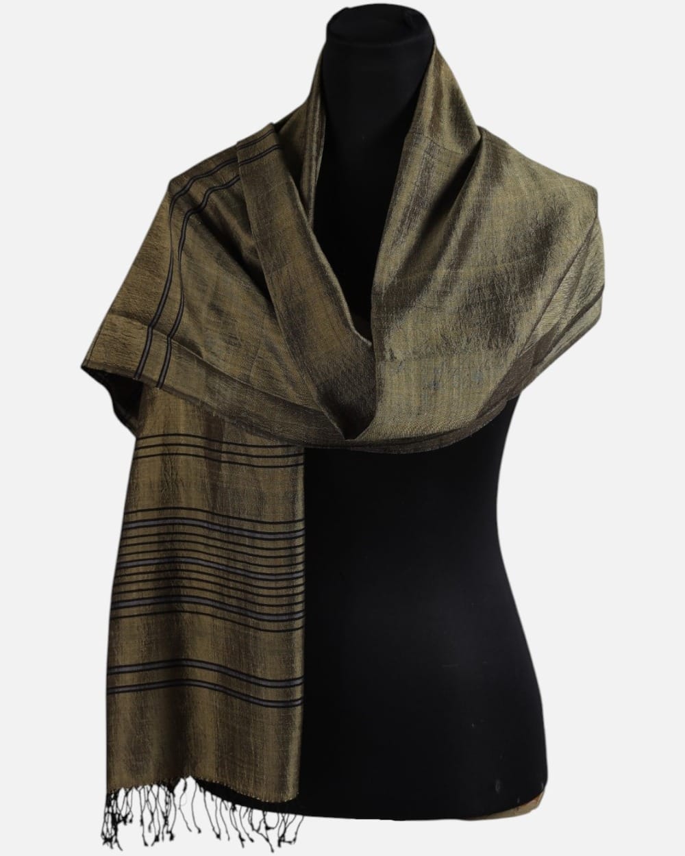 Olive Pure Silk Shawl with Black Stripes