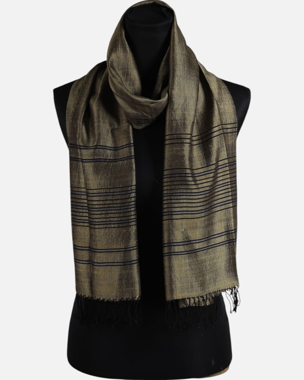 Olive Pure Silk Shawl with Black Stripes