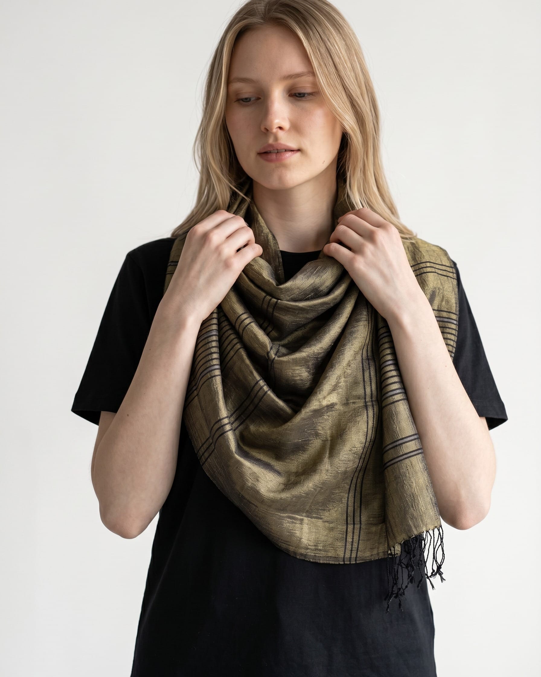 Olive Pure Silk Shawl with Black Stripes