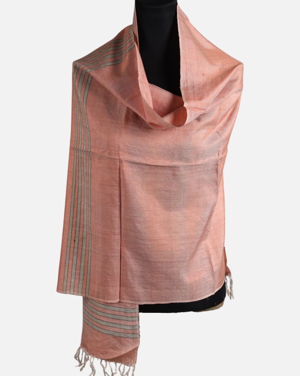 Blush Pink Pure Silk Shawl with Olive Gray Stripes