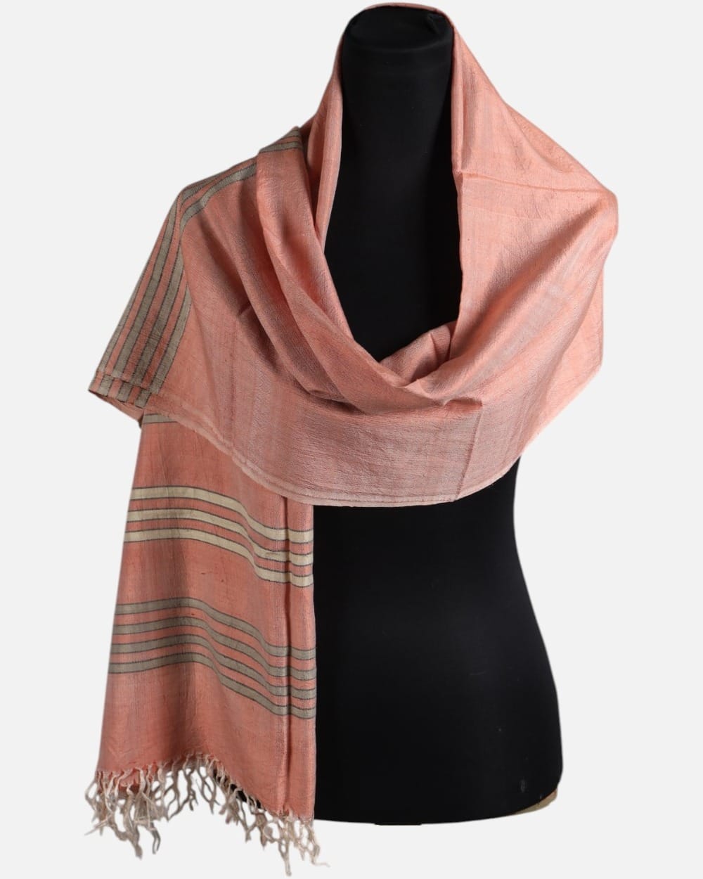 Blush Pink Pure Silk Shawl with Olive Gray Stripes