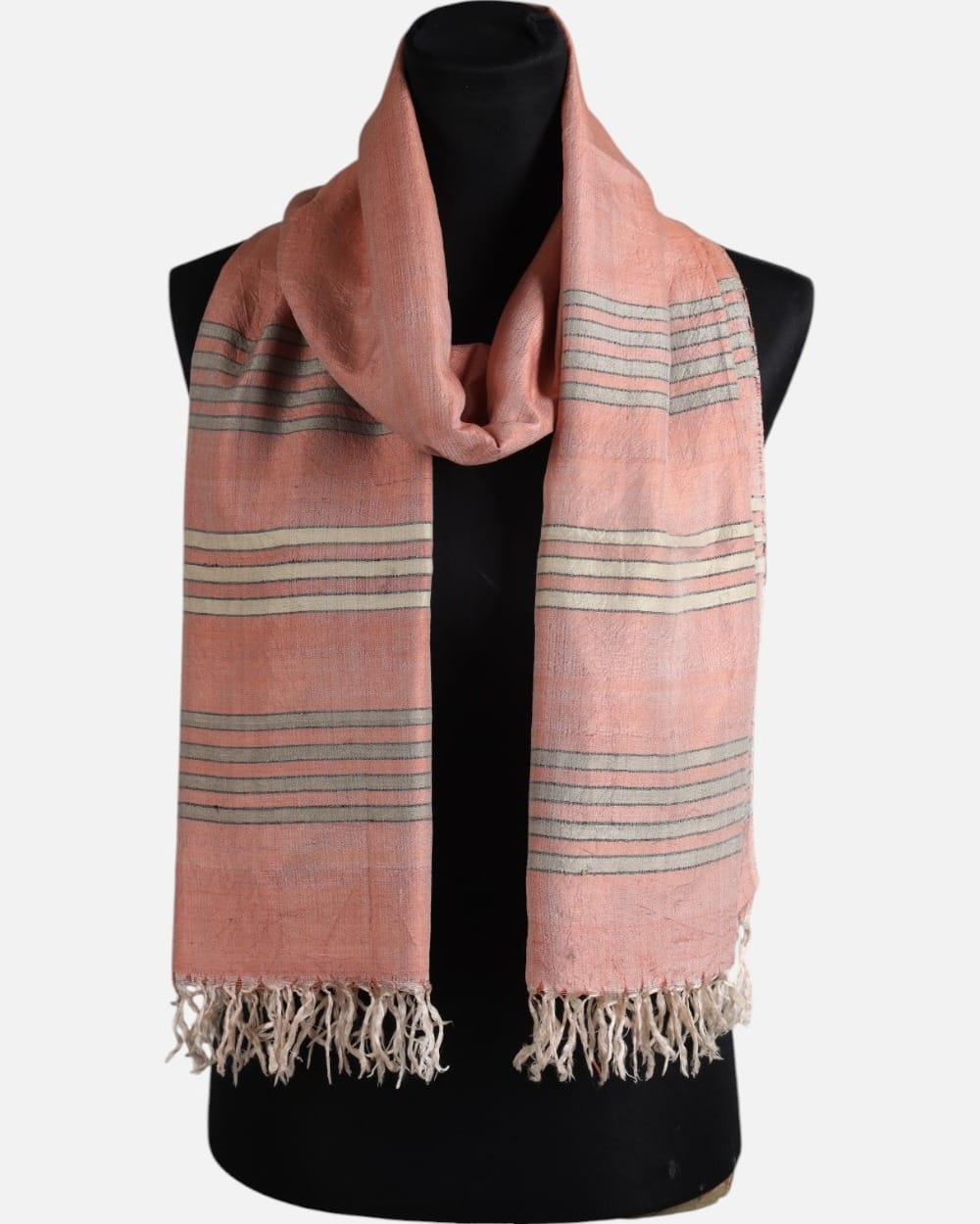 Blush Pink Pure Silk Shawl with Olive Gray Stripes