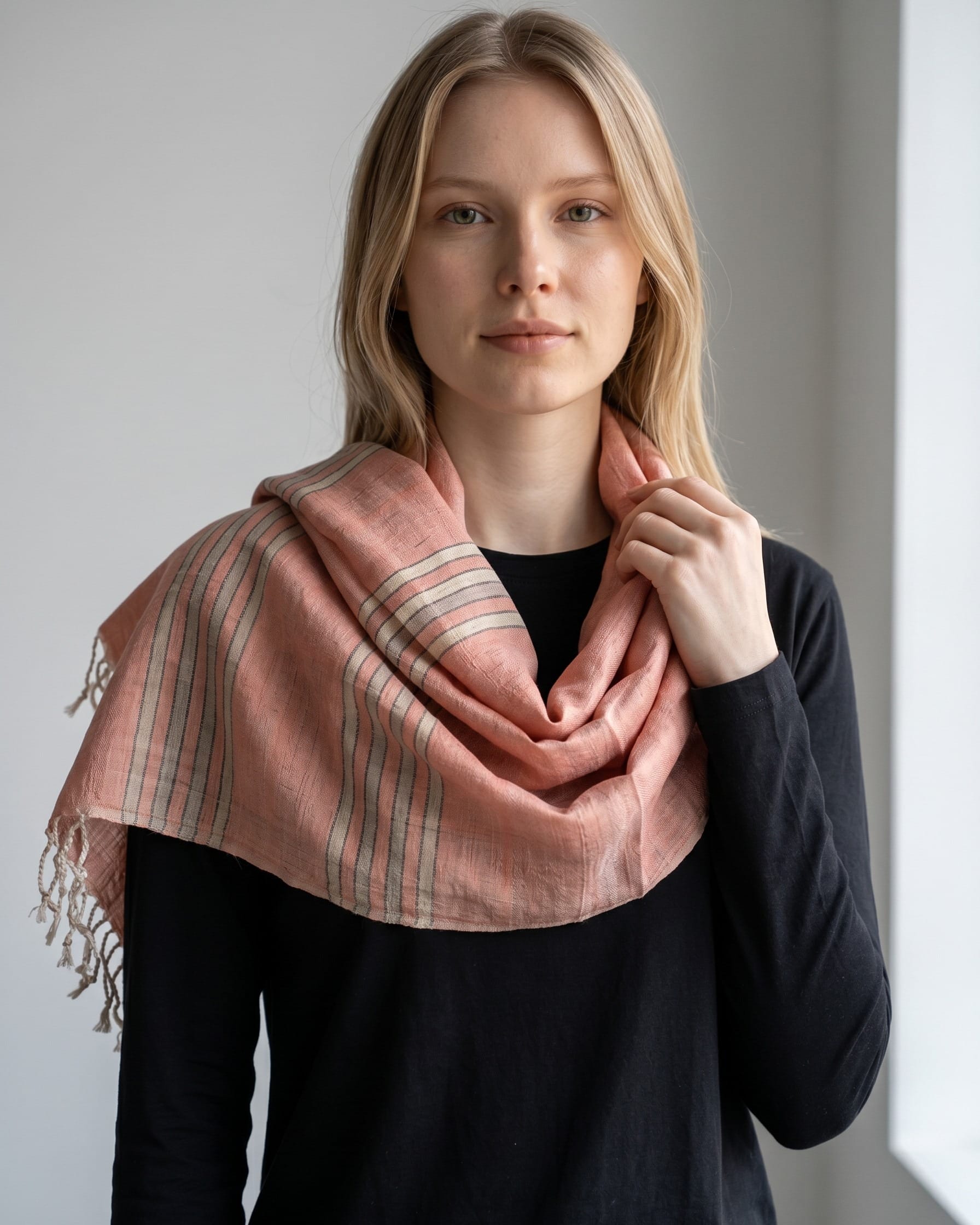 Blush Pink Pure Silk Shawl with Olive Gray Stripes