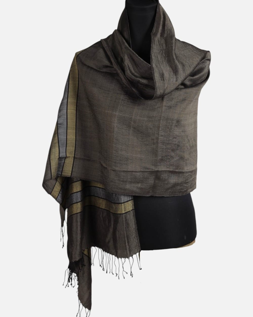 Charcoal Brown Pure Silk Shawl with Olive and Gray Stripes