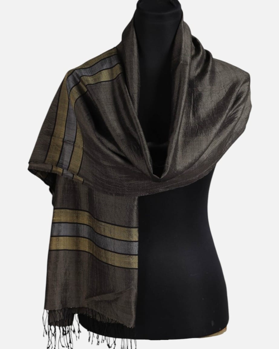 Charcoal Brown Pure Silk Shawl with Olive and Gray Stripes