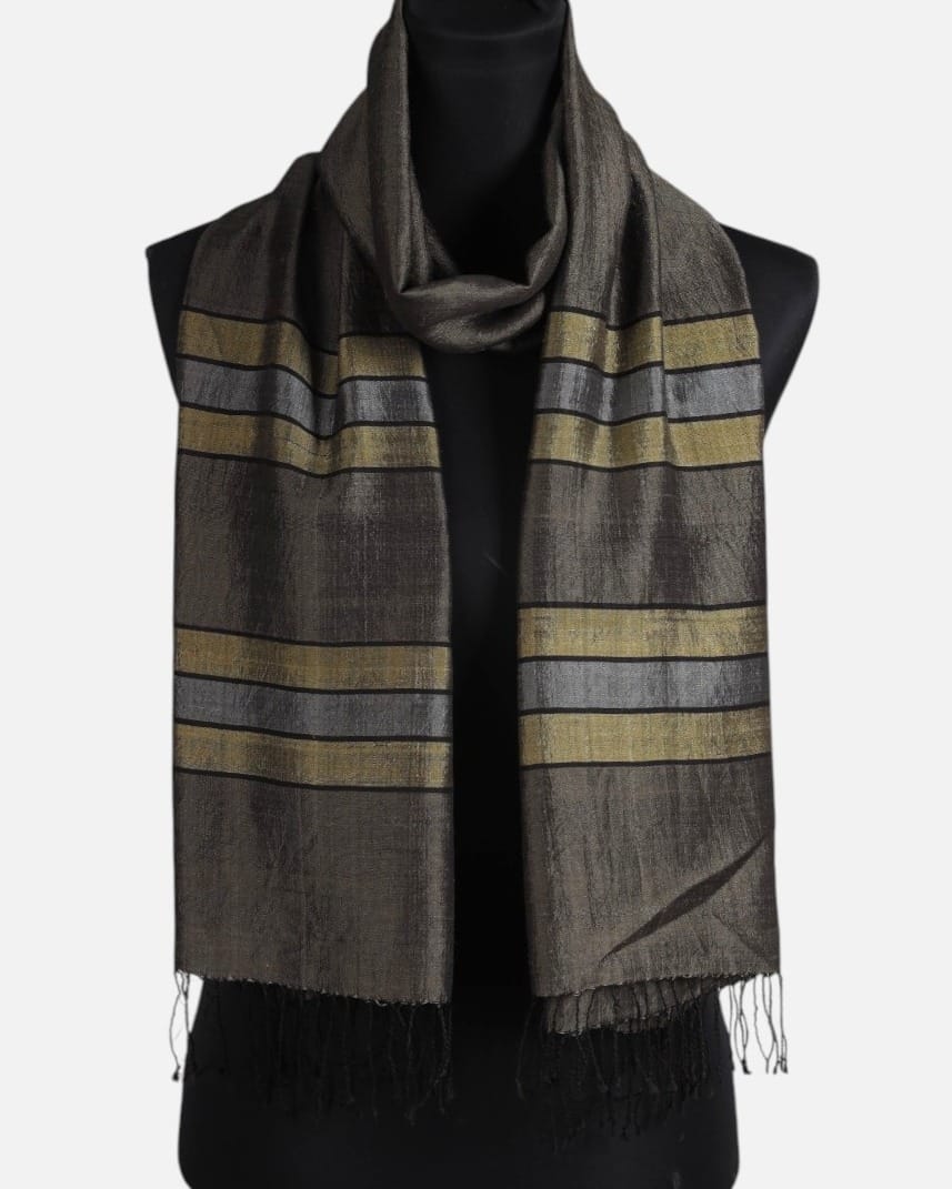 Charcoal Brown Pure Silk Shawl with Olive and Gray Stripes