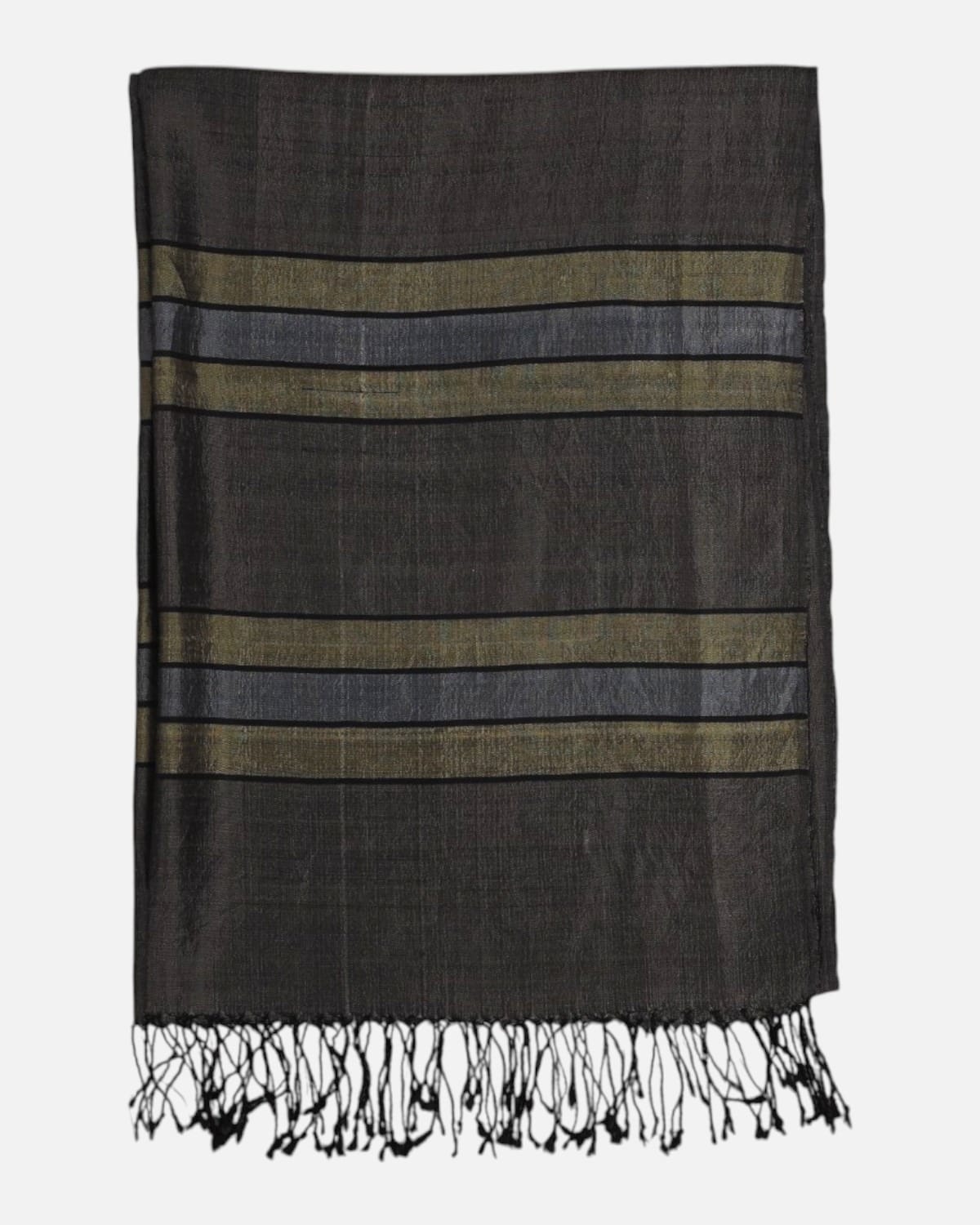 Charcoal Brown Pure Silk Shawl with Olive and Gray Stripes