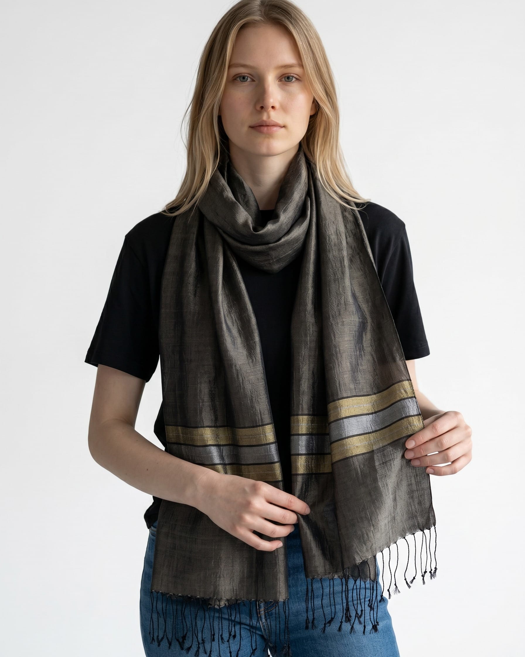 Charcoal Brown Pure Silk Shawl with Olive and Gray Stripes