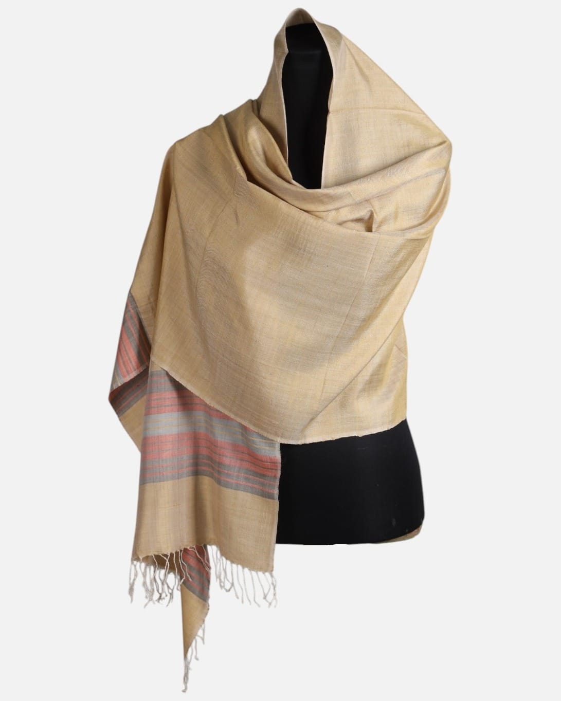 Ivory Silk Shawl with Coral Stripes