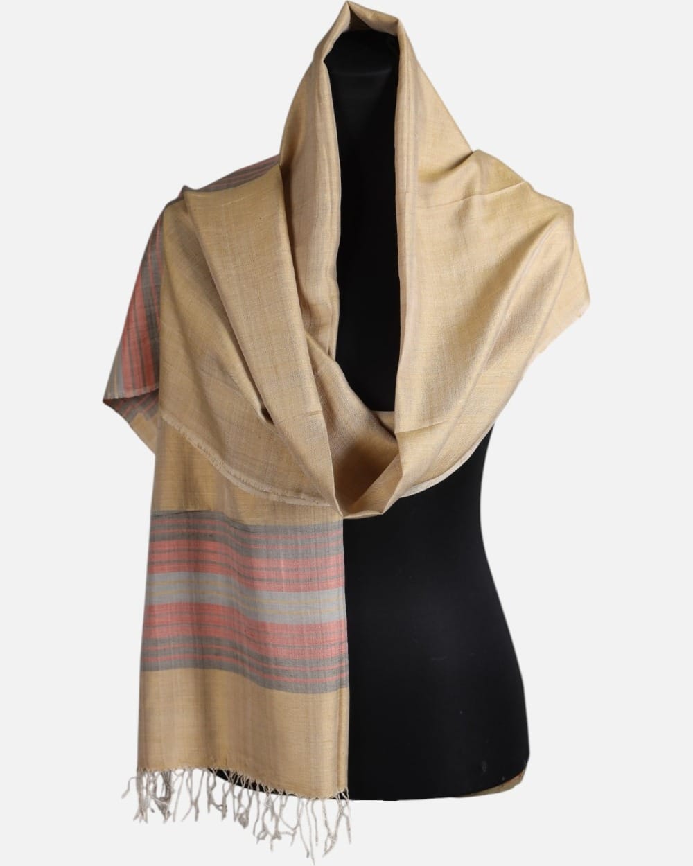 Ivory Silk Shawl with Coral Stripes
