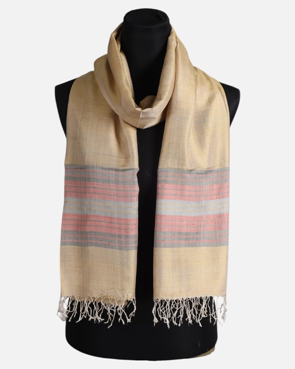 Ivory Silk Shawl with Coral Stripes