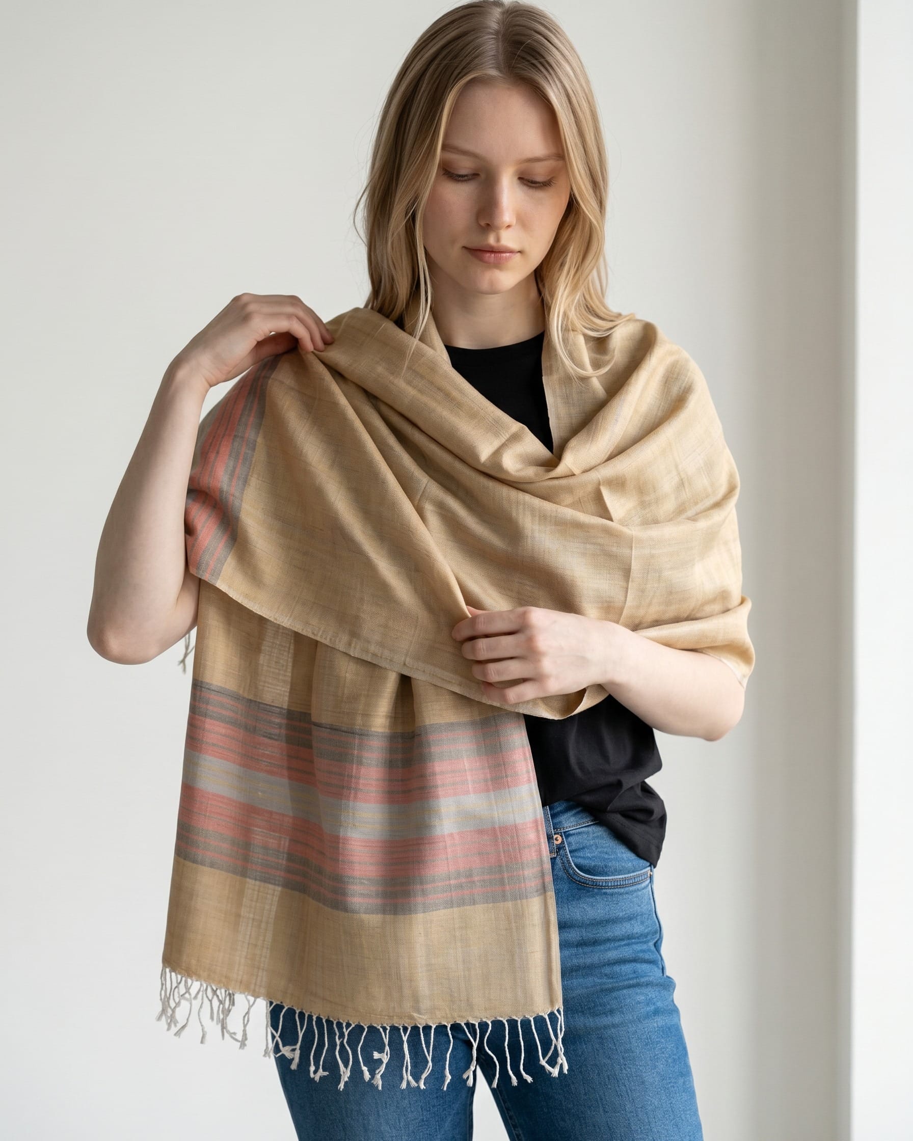 Ivory Silk Shawl with Coral Stripes