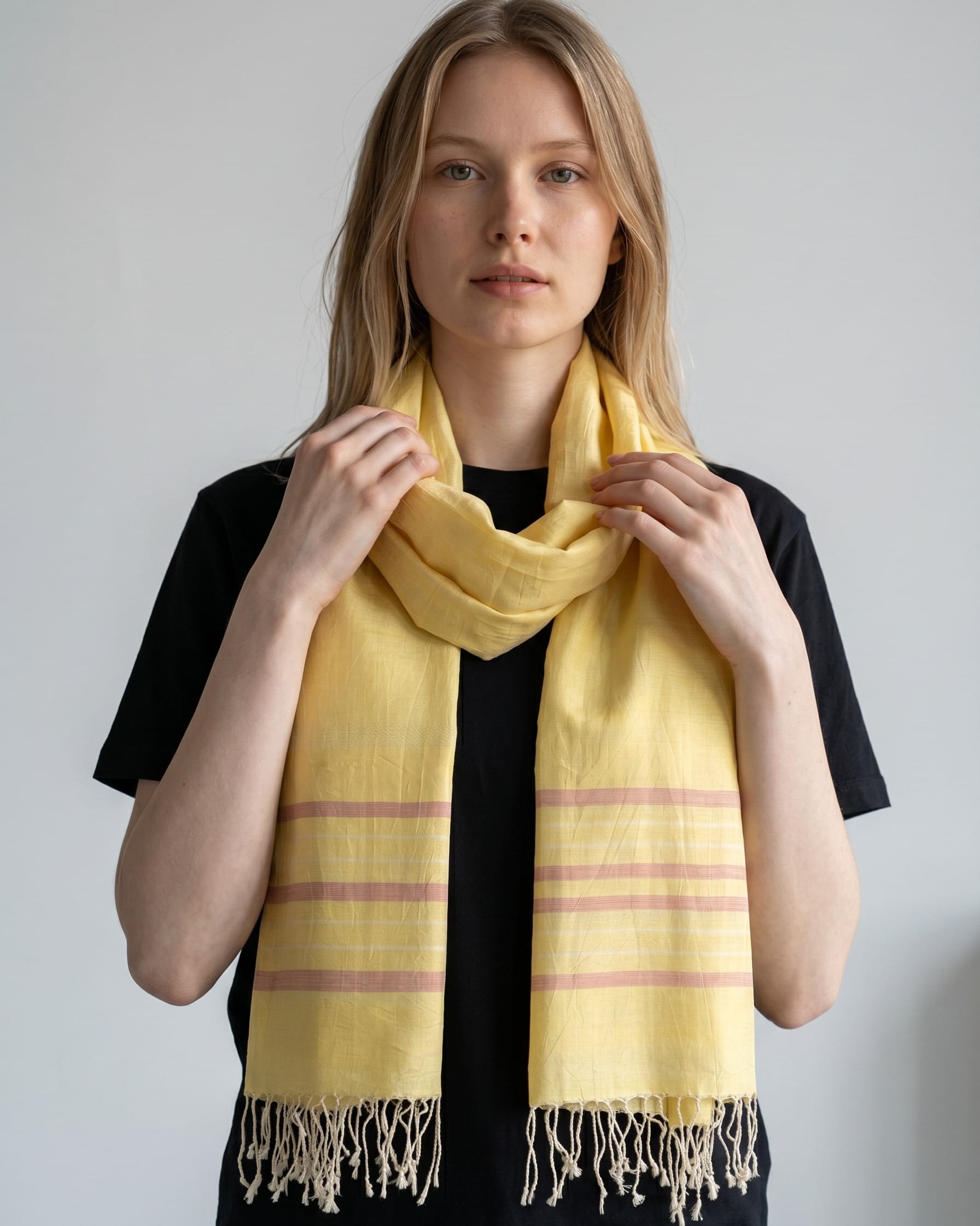 Saffron Yellow Pure Silk Shawl with Blush Stripes