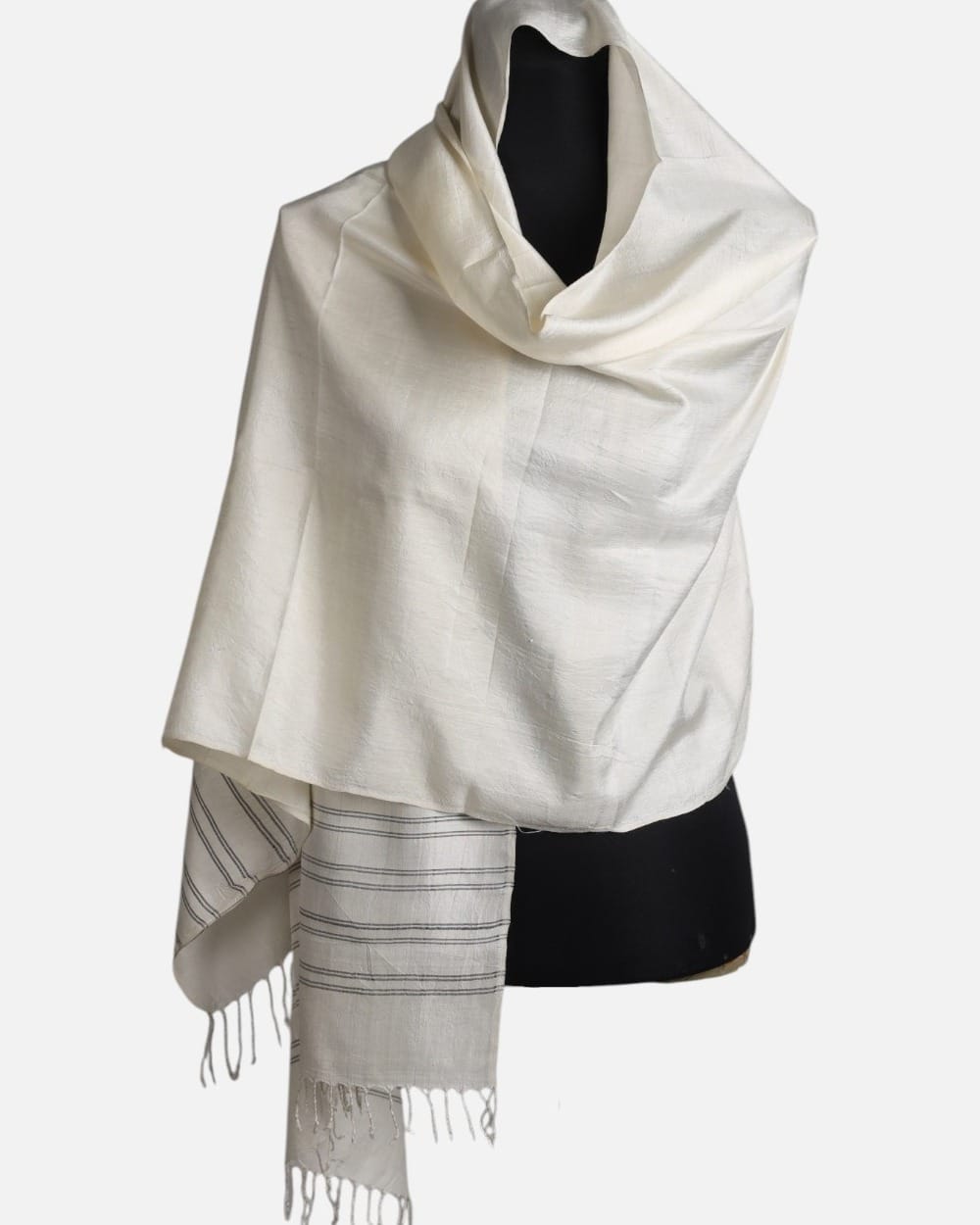 White Pure Silk Shawl with Fine Gray Stripes