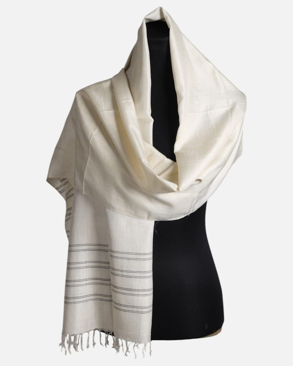 White Pure Silk Shawl with Fine Gray Stripes