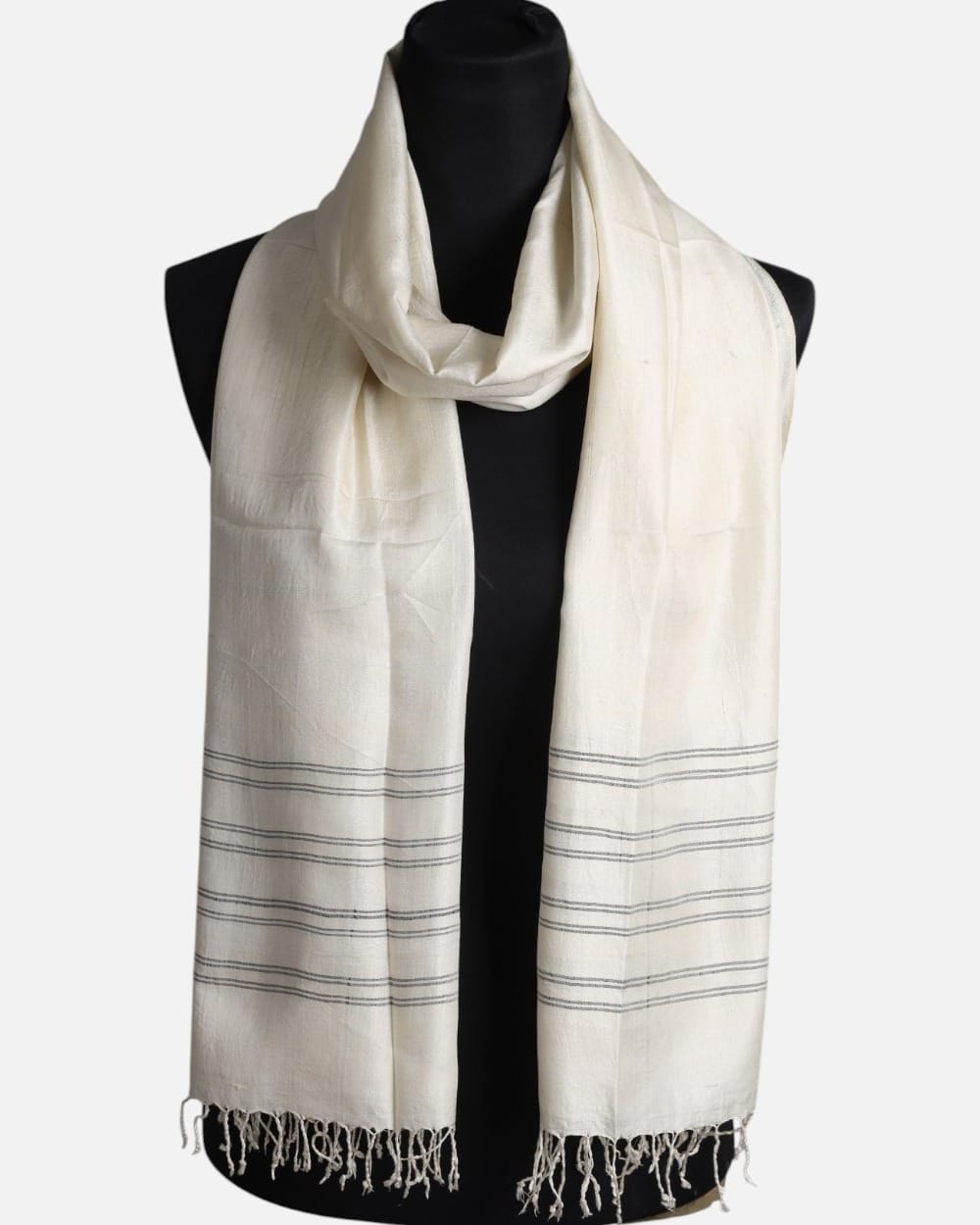 White Pure Silk Shawl with Fine Gray Stripes