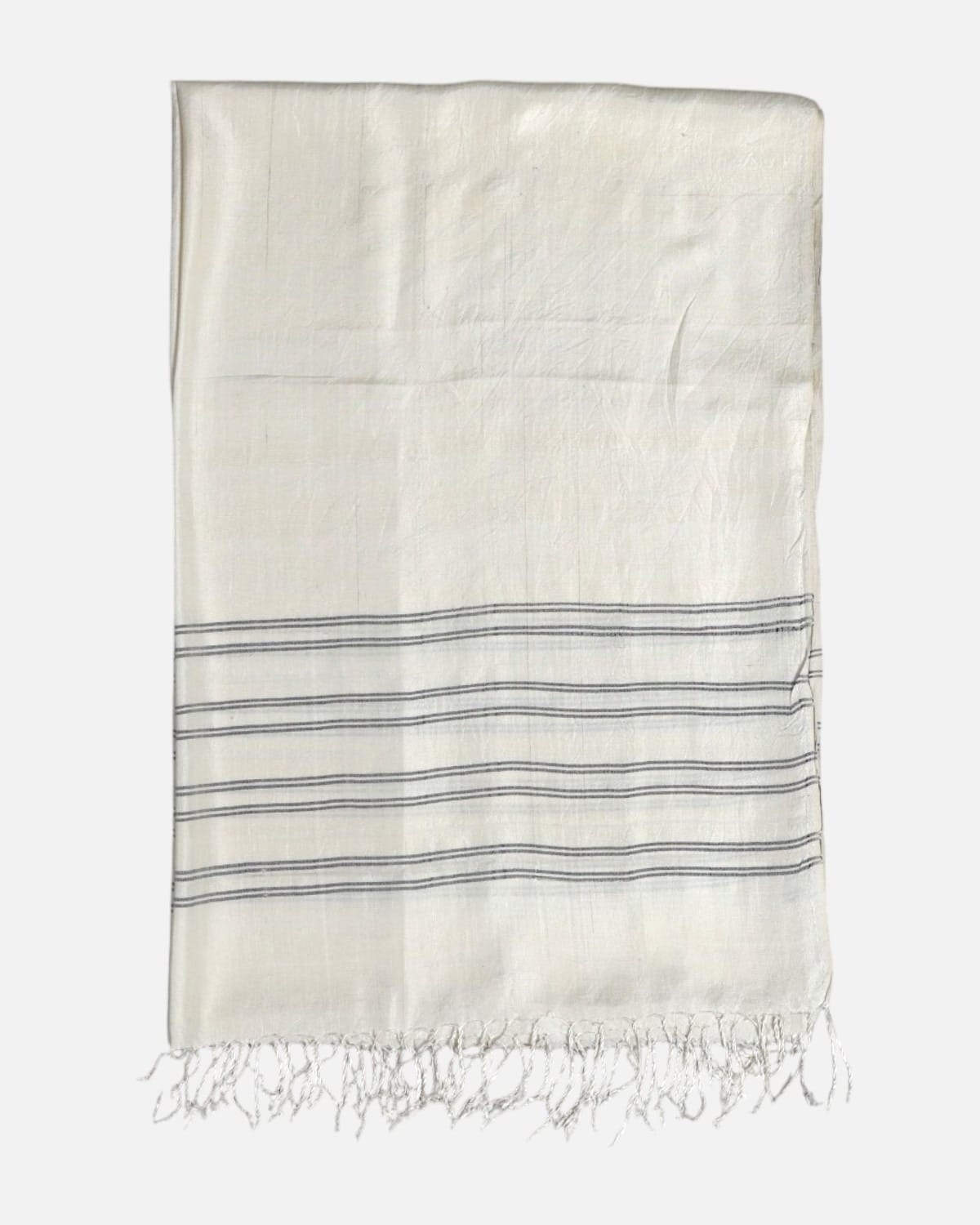White Pure Silk Shawl with Fine Gray Stripes