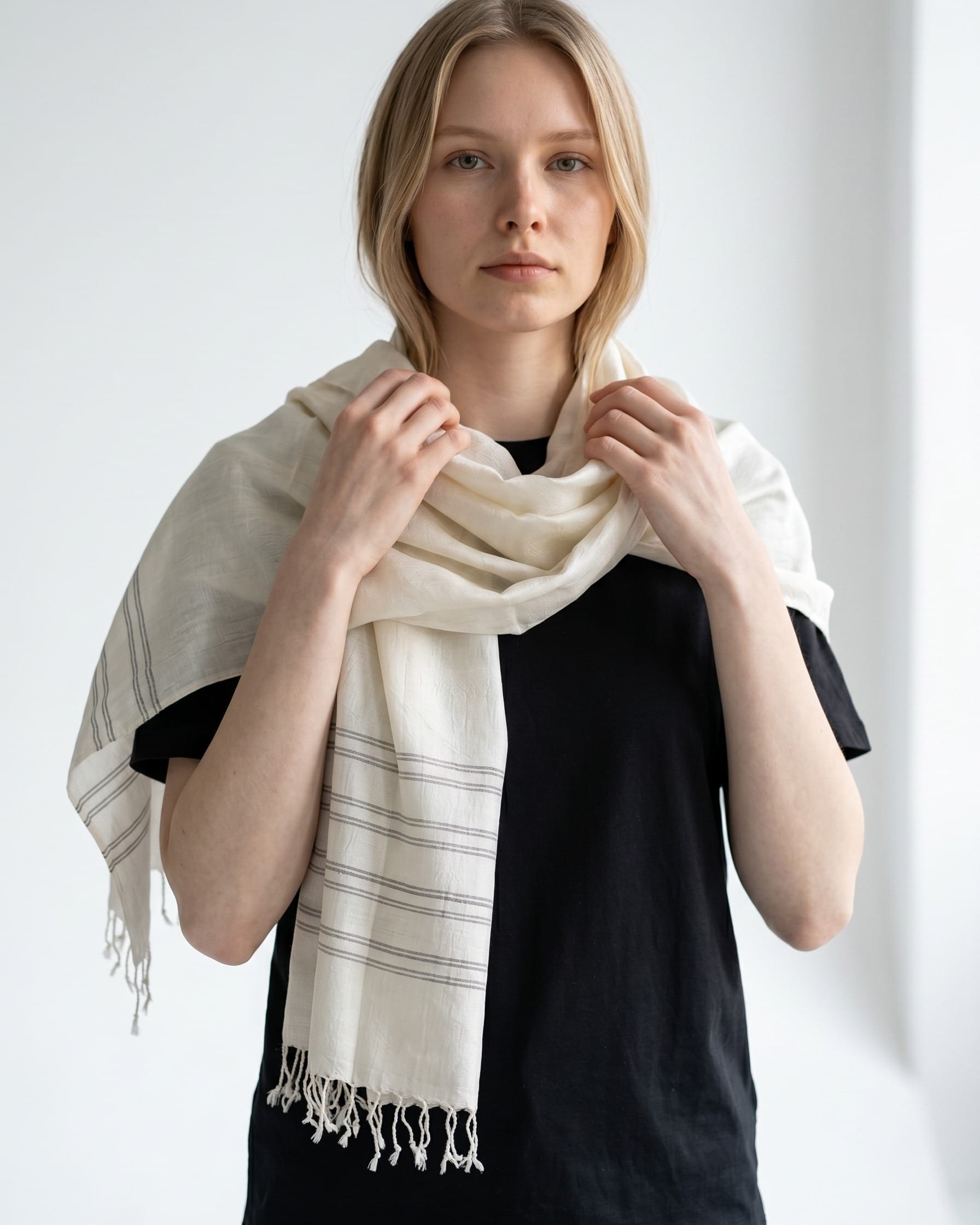 White Pure Silk Shawl with Fine Gray Stripes