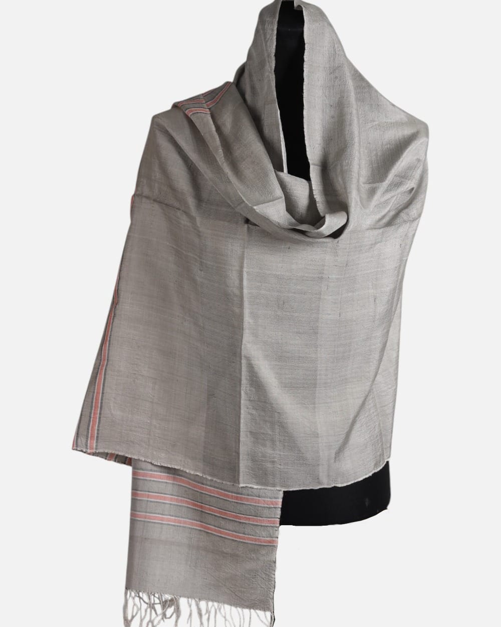 Pearl Gray Pure Silk Shawl with Coral Stripes