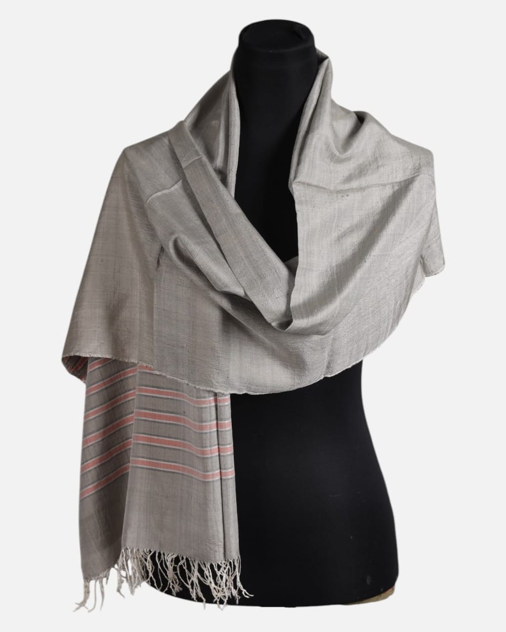 Pearl Gray Pure Silk Shawl with Coral Stripes