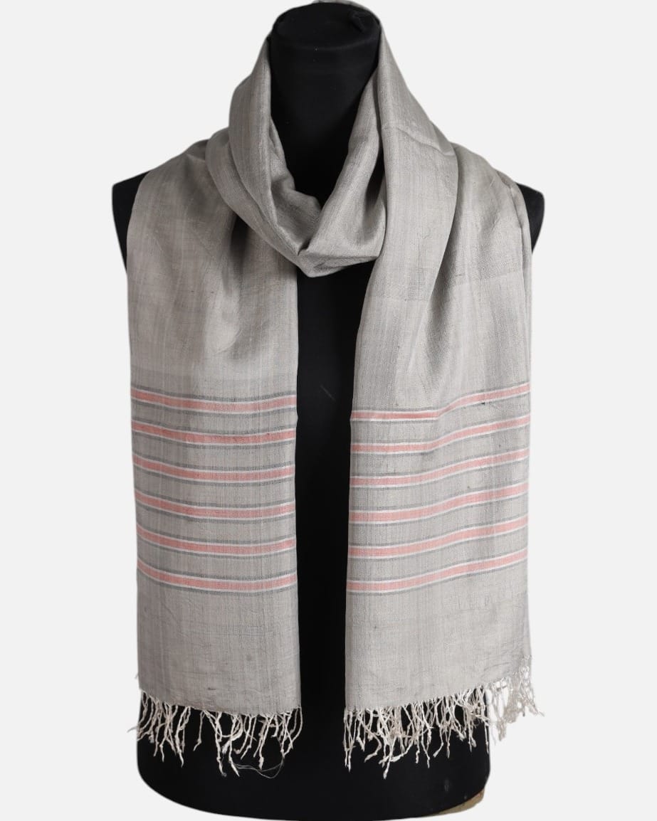 Pearl Gray Pure Silk Shawl with Coral Stripes
