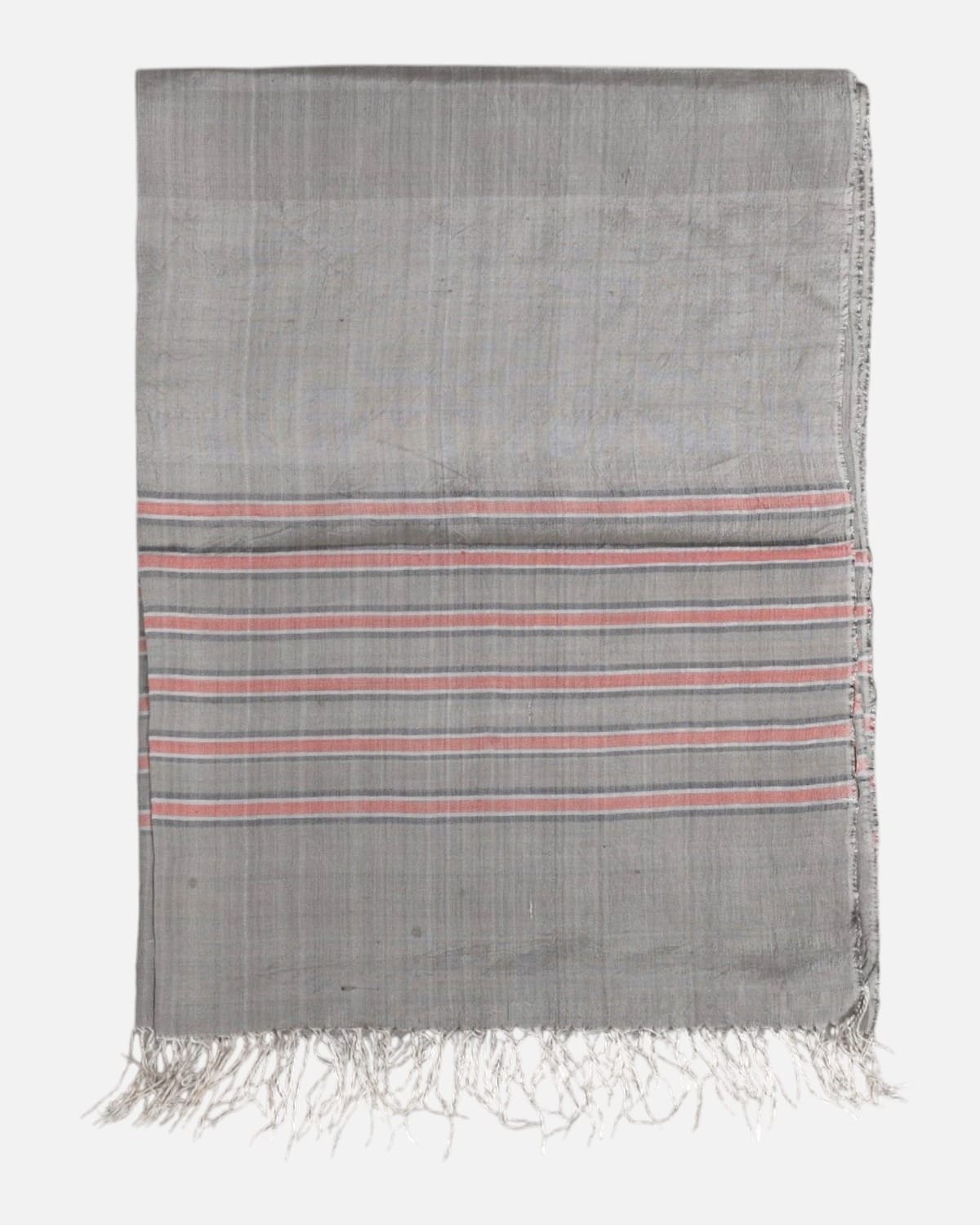 Pearl Gray Pure Silk Shawl with Coral Stripes