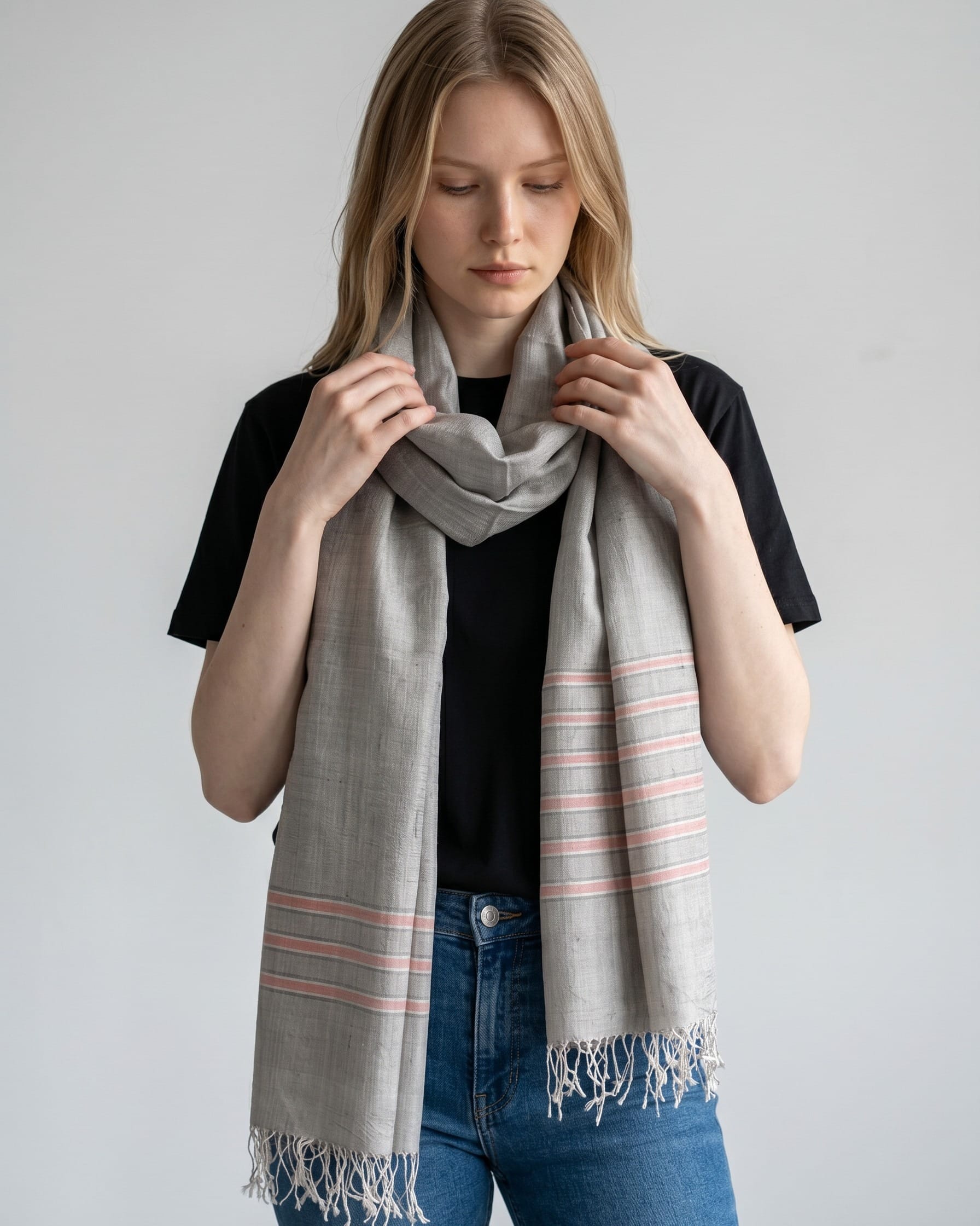 Pearl Gray Pure Silk Shawl with Coral Stripes