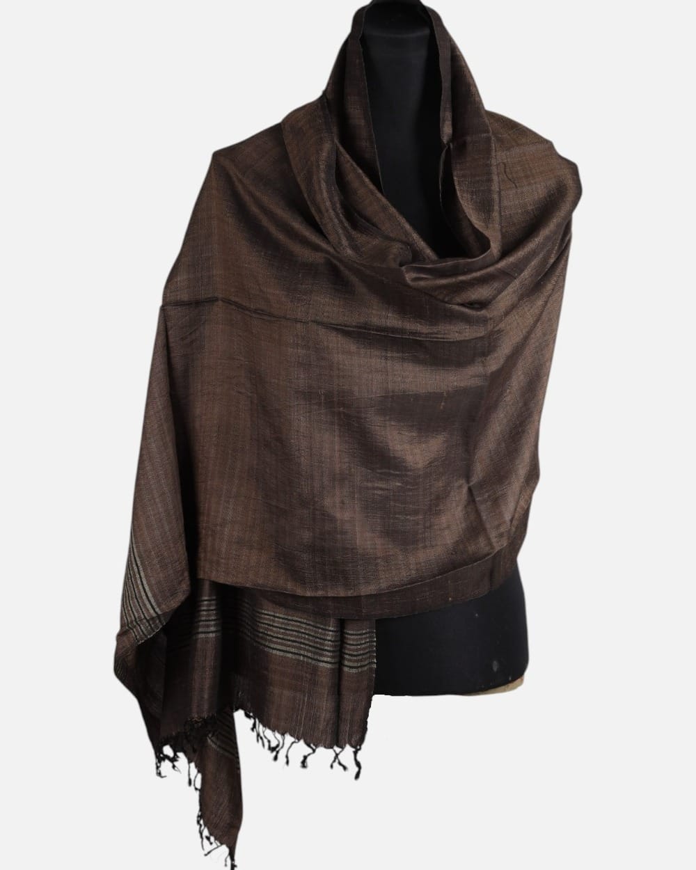 Dark Walnut Pure Silk Shawl with Fine Gray Stripes
