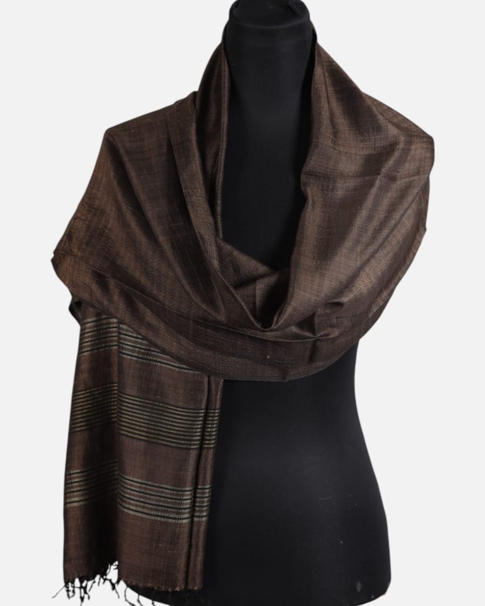Dark Walnut Pure Silk Shawl with Fine Gray Stripes