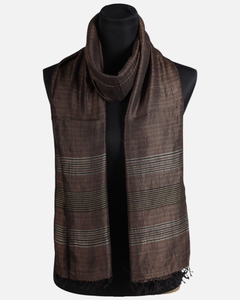 Dark Walnut Pure Silk Shawl with Fine Gray Stripes