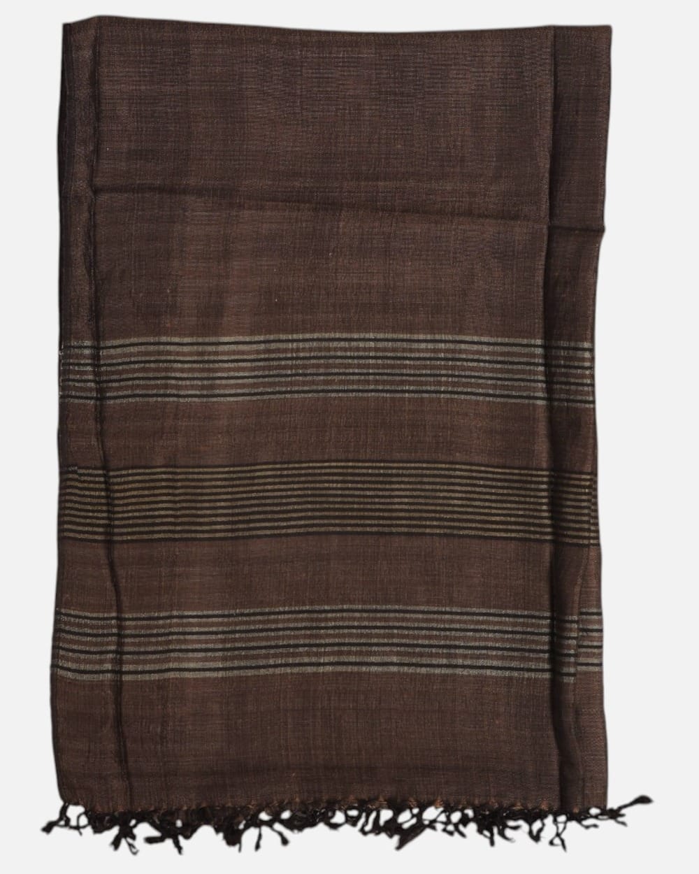 Dark Walnut Pure Silk Shawl with Fine Gray Stripes