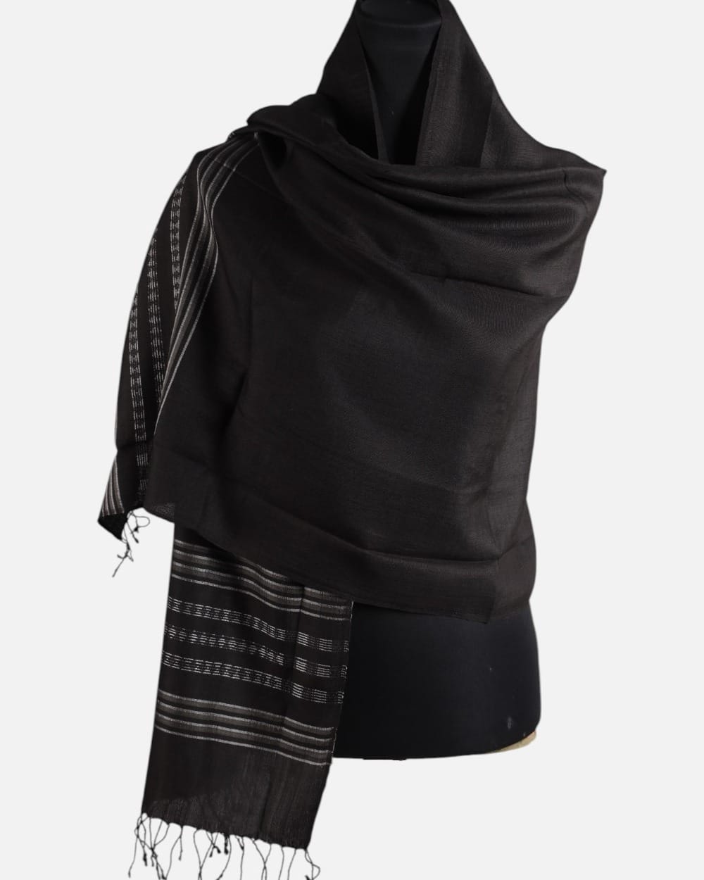 Black Pure Silk Shawl with Silver Stripes