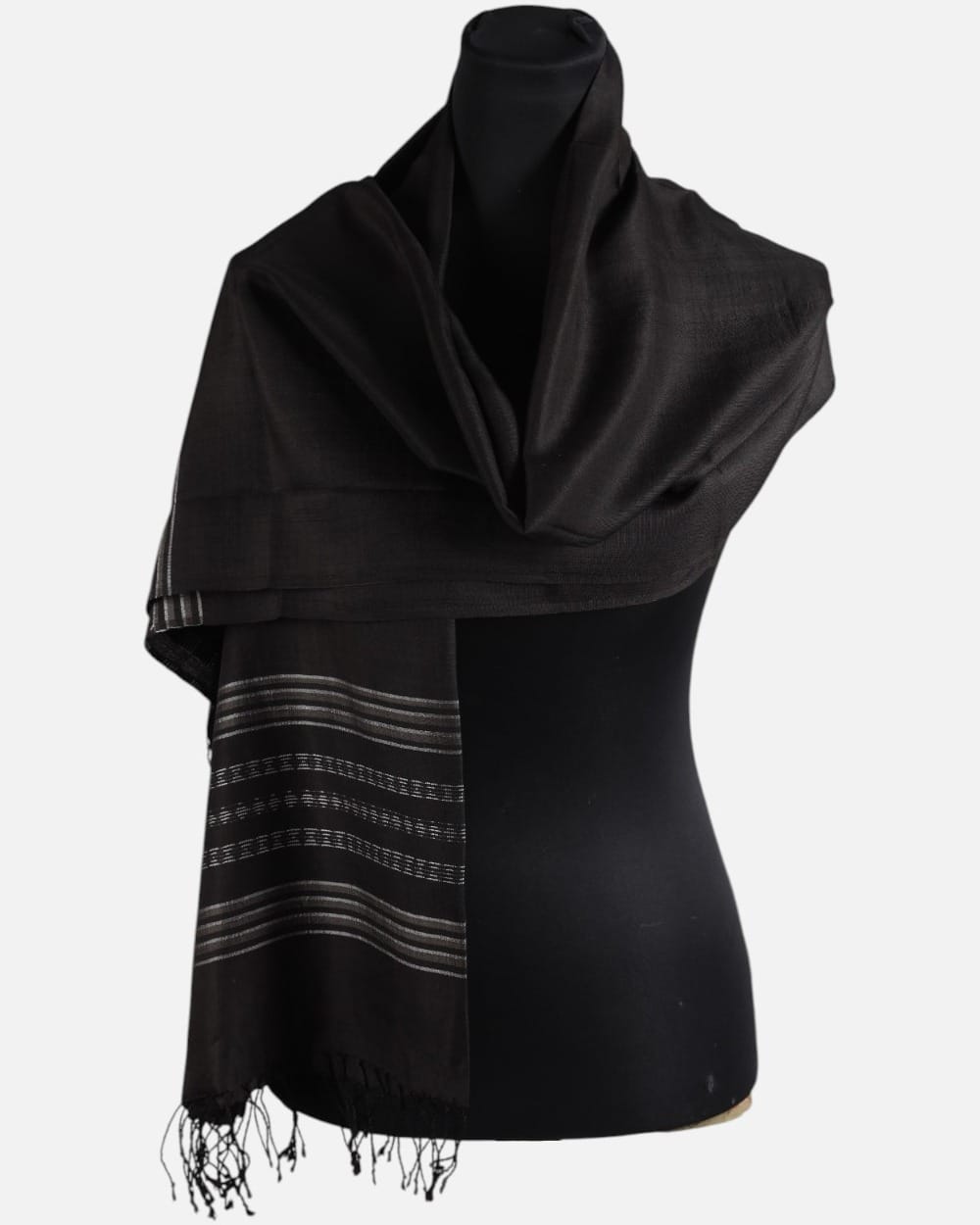 Black Pure Silk Shawl with Silver Stripes