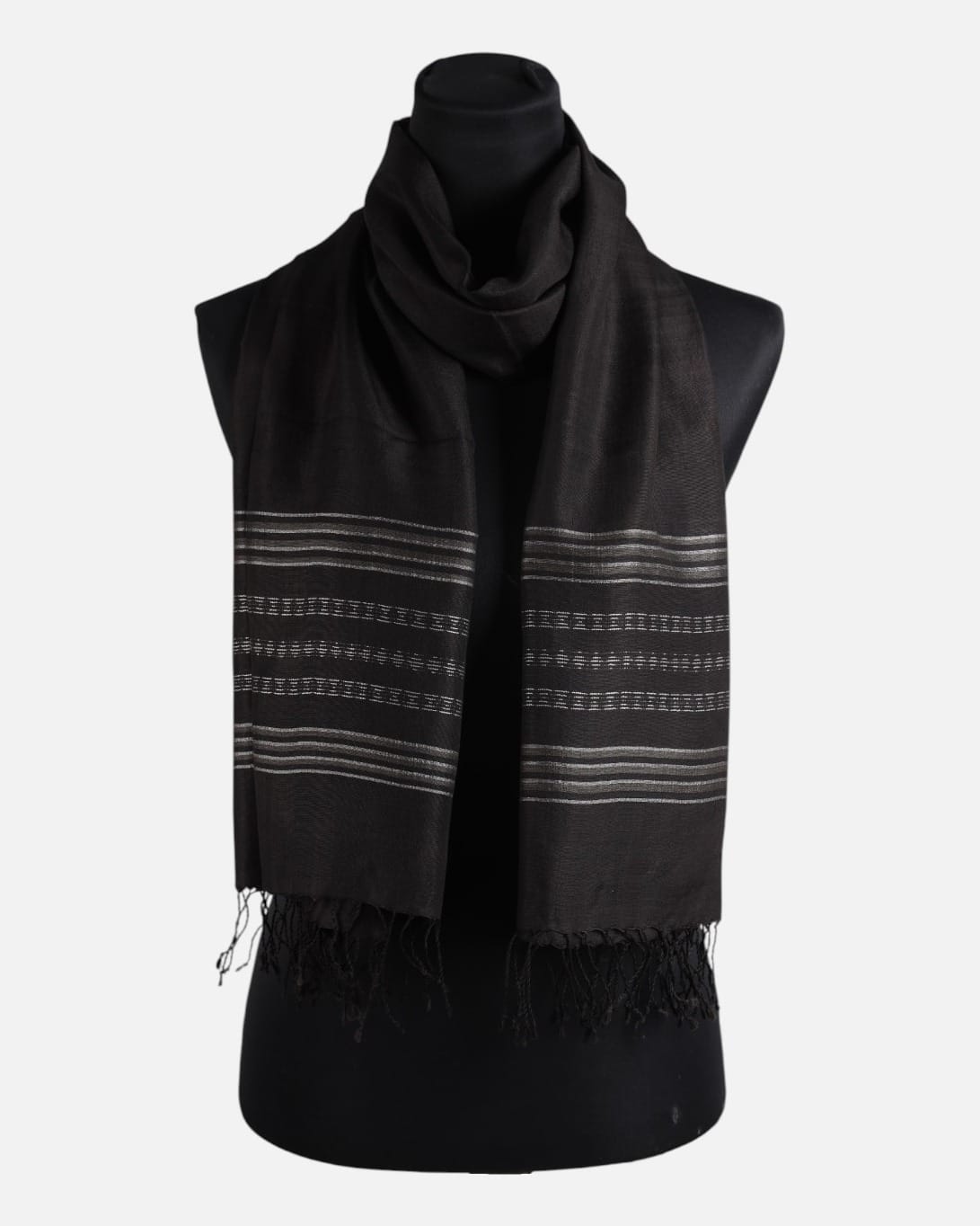 Black Pure Silk Shawl with Silver Stripes