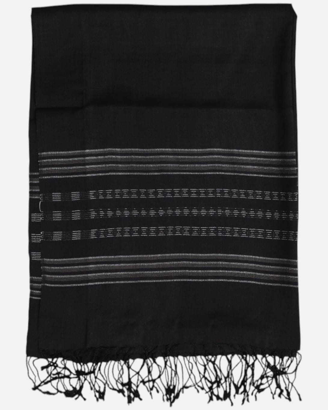 Black Pure Silk Shawl with Silver Stripes