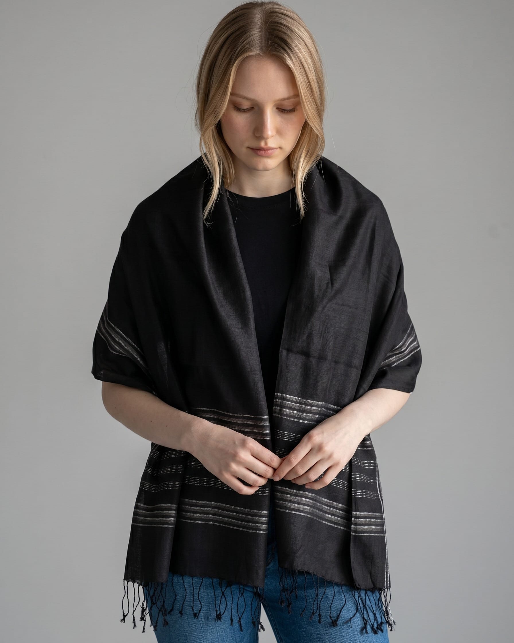 Black Pure Silk Shawl with Silver Stripes