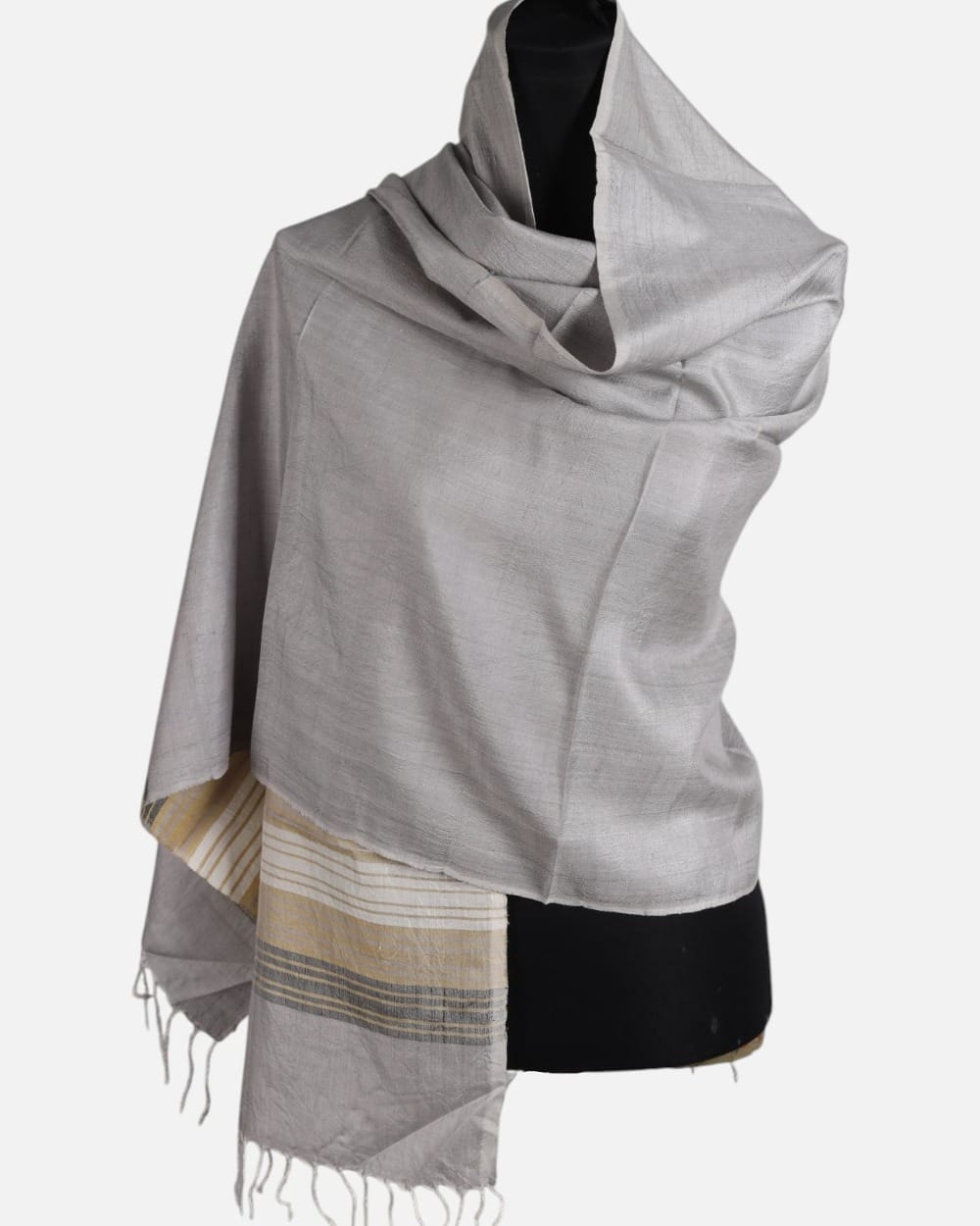 Silver Gray Pure Silk Shawl with Gold and Ivory Stripes