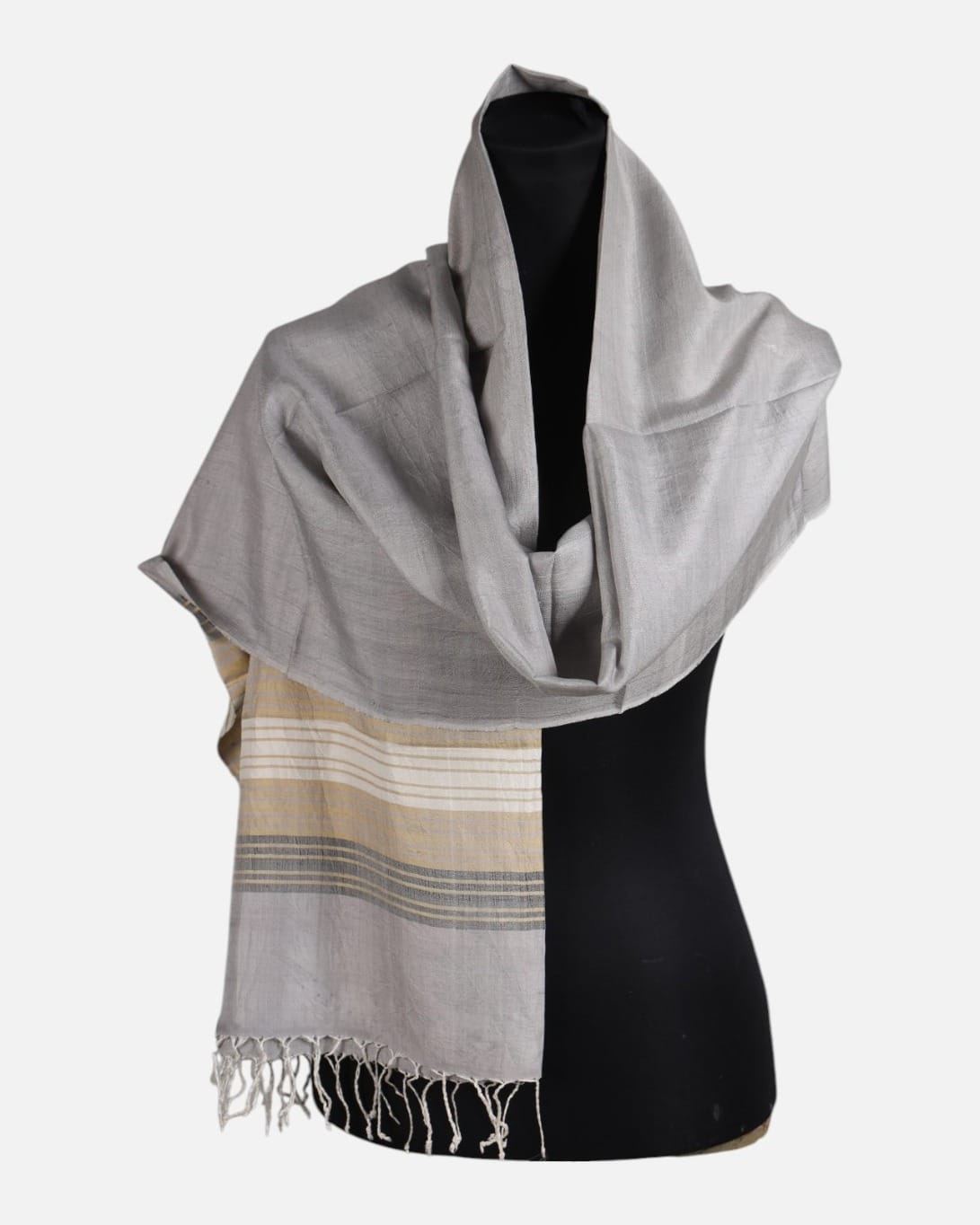Silver Gray Pure Silk Shawl with Gold and Ivory Stripes