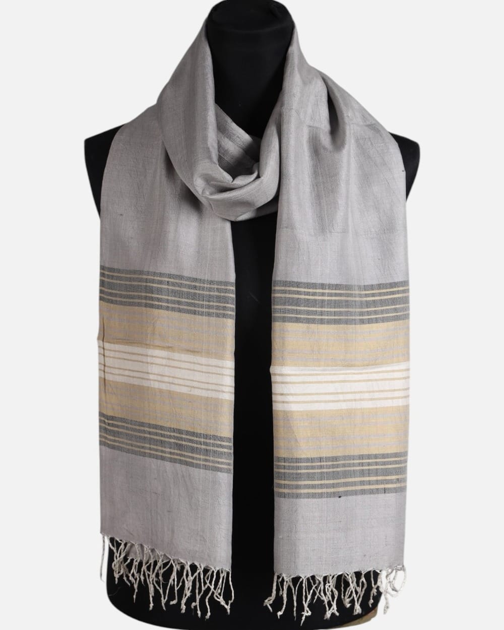 Silver Gray Pure Silk Shawl with Gold and Ivory Stripes