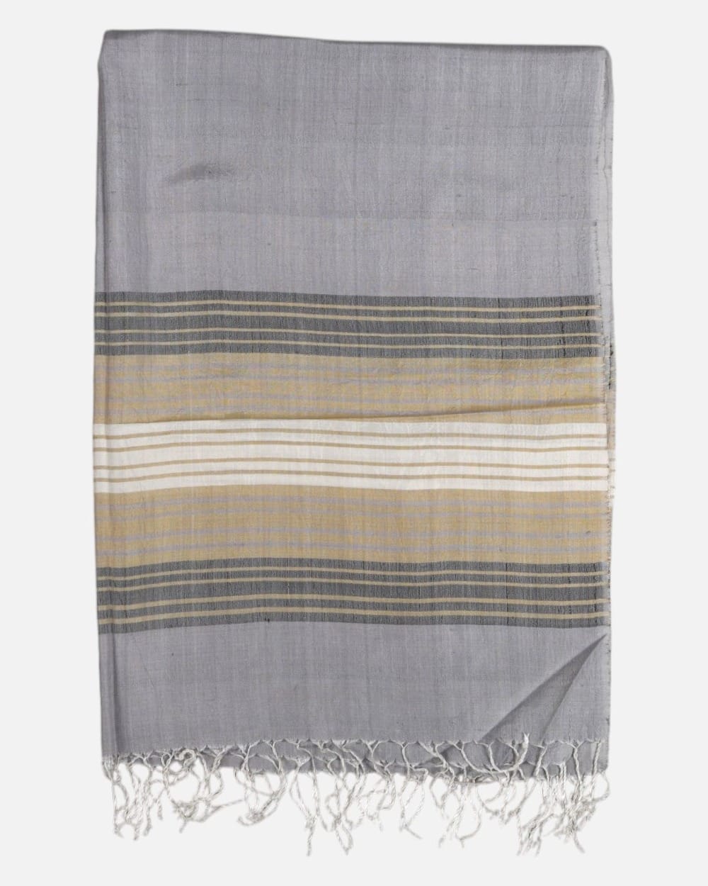 Silver Gray Pure Silk Shawl with Gold and Ivory Stripes