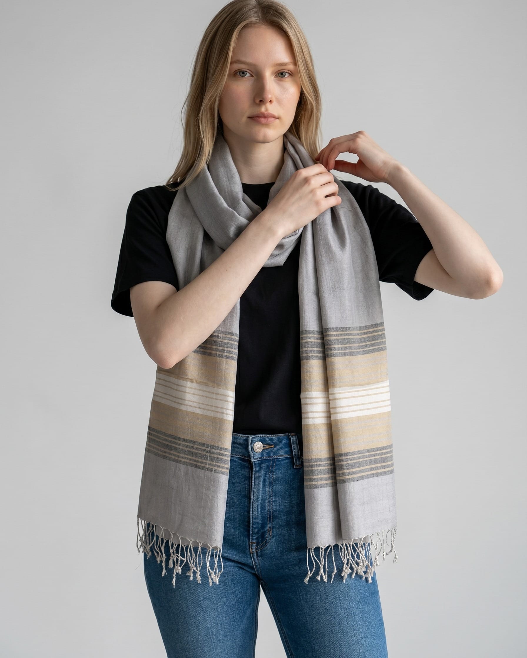 Silver Gray Pure Silk Shawl with Gold and Ivory Stripes