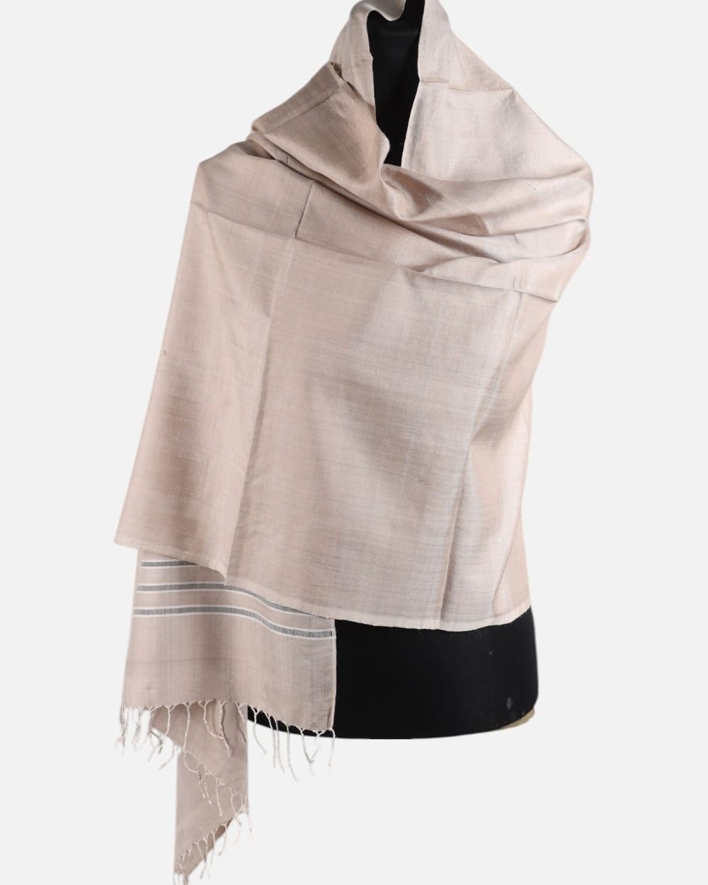 Blush Beige Pure Silk Shawl with Gray Stripes