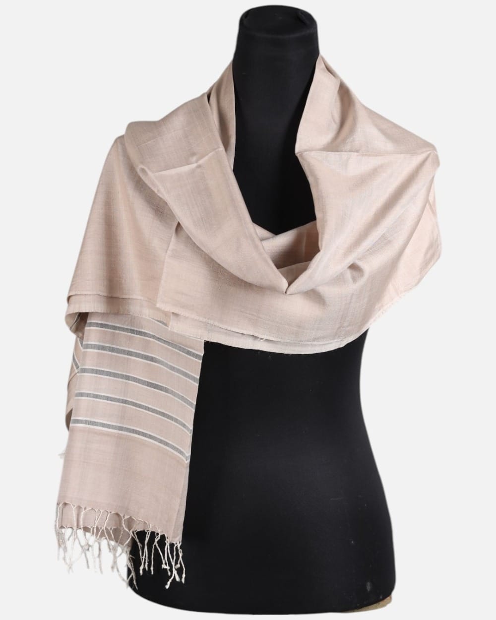 Blush Beige Pure Silk Shawl with Gray Stripes